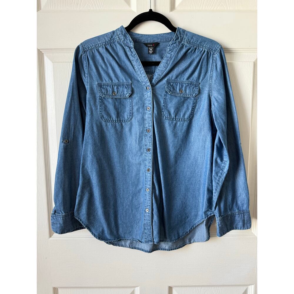 Intro Chambray Denim Button Down Shirt Size Petite Medium Coastal Casual